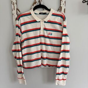 Obey Glenview Top striped long-sleeve cropped polo shirt size Large